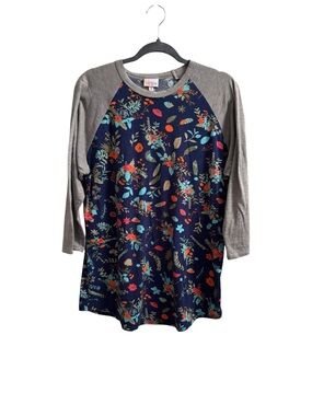 LulaRoe Floral Navy Raglan Tunic Top - Gray Sleeves - Size XL